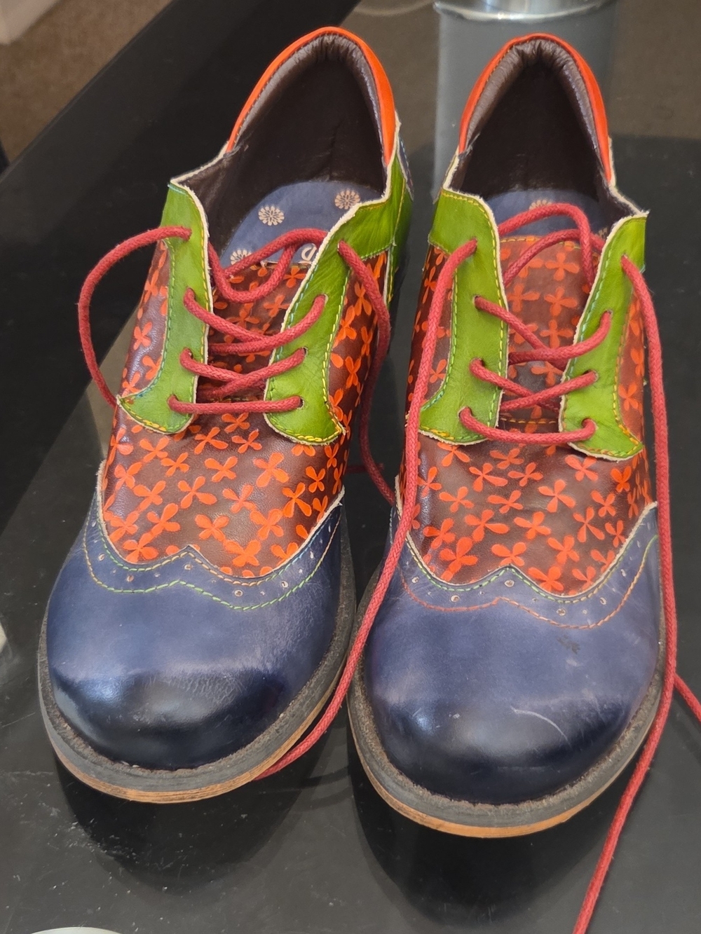 Women's Leather Shoes Brogue Oxfords Lace Up Round Toe Splicing Ethnic Retro